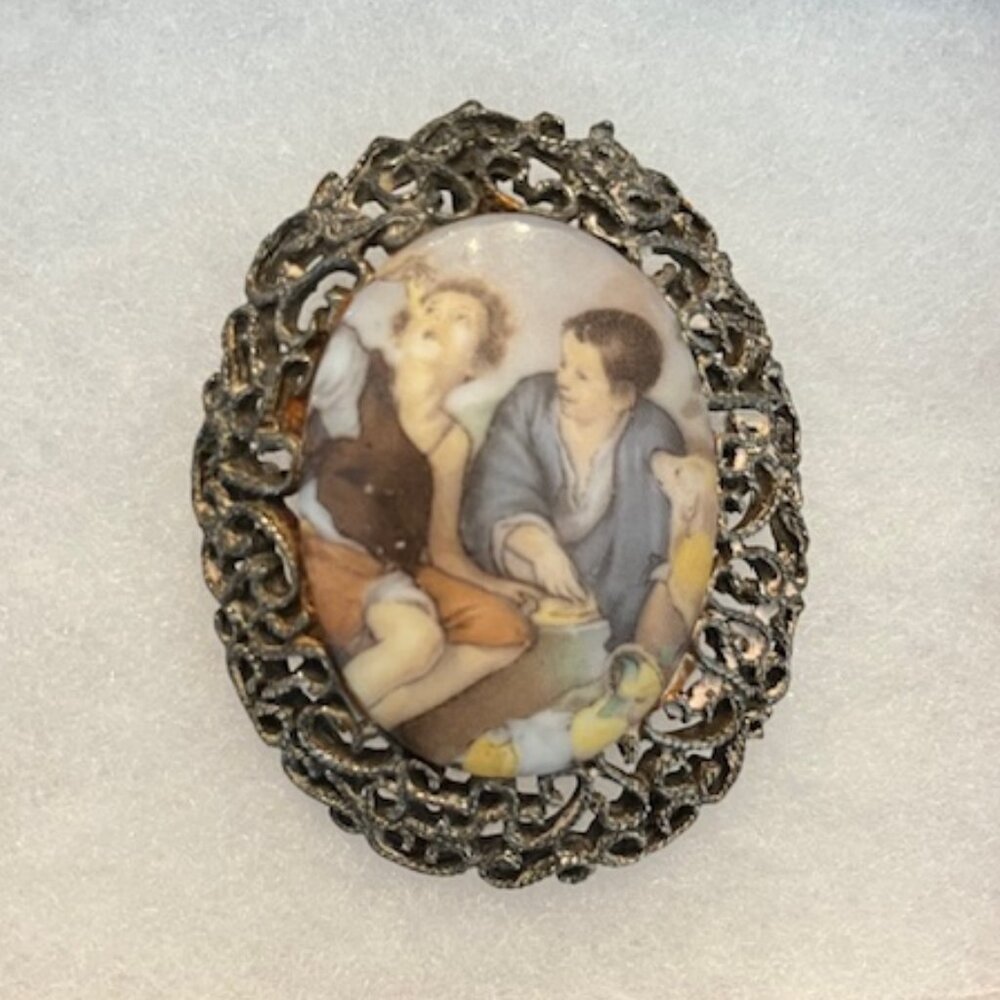 Vintage Painting Porcelain Brooch Framed Cameo Children eating Melon